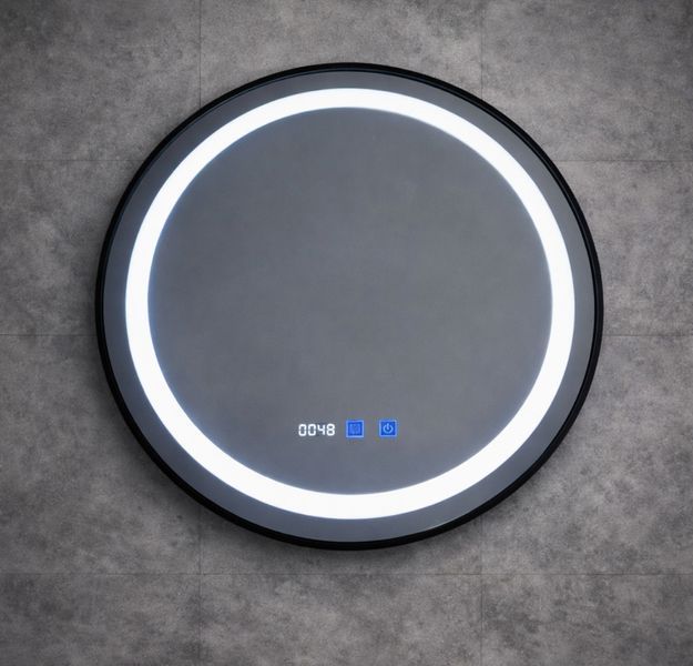 Зеркало с Led подсветкой в черной раме часами, антизапотеванием и сенсорами 5723 фото