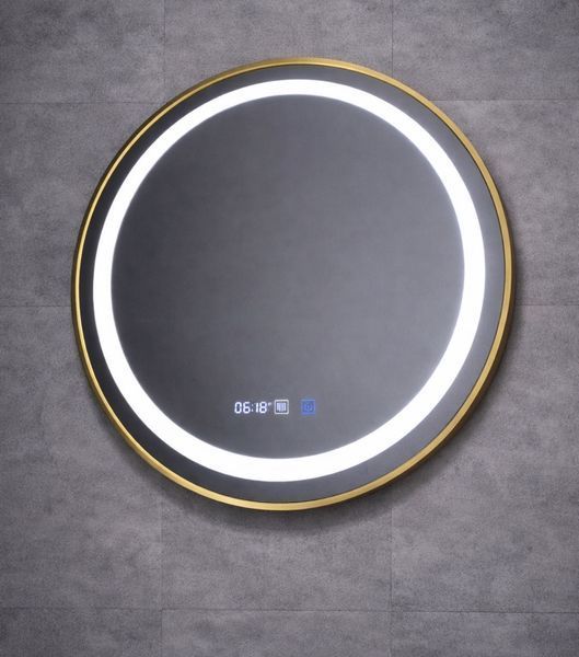 Зеркало с Led подсветкой в золотой раме часами, антизапотеванием и сенсорами 5724 фото